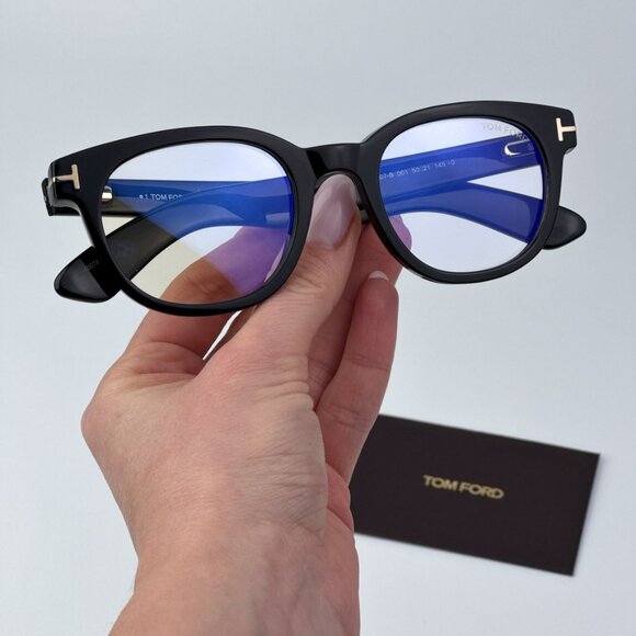 Tom Ford Men Black Clear Blue Block Round BRAND NEW Eyeglasses FT5807-B/O 001 - Picture 1 of 9